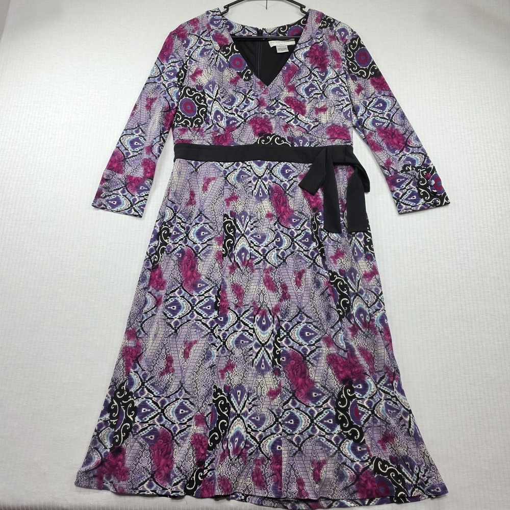Peter Nygard Dress Size 12 Purple Paisley V-Neck Belted A-Line Whimsigoth Boho